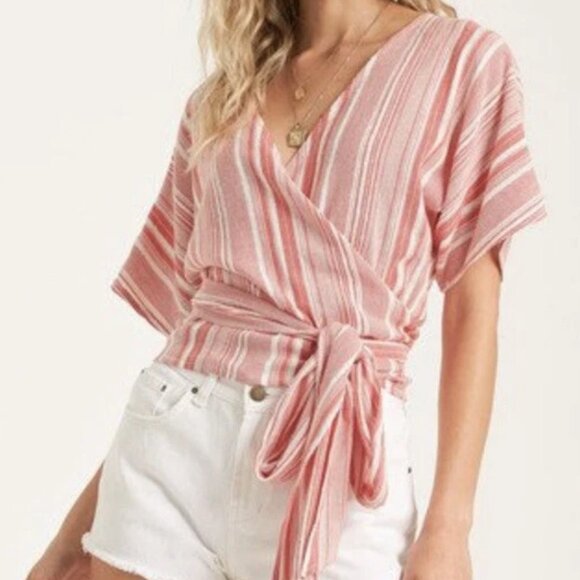 BILLABONG Local Shores Wrap Top Sz M Red White Striped Waist Tie Cotton Rayon - Picture 1 of 14